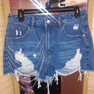 Distressed Denim Shorts with Chain Detail
